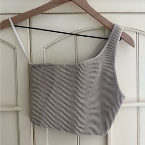Babaton Taupe Ribbed Asymmetric Crop Top
